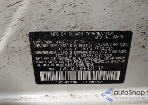 2019 Subaru Crosstrek 2.0I Premium z USA, uszkodzony, nr VIN JF2GTACC9KH381192